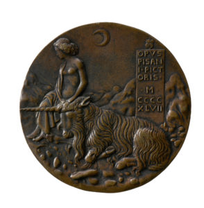 Cecilia Gonzaga having tamed a unicorn on the reverse of her medal by Pisanello. Notice how the artist has signed his work on the panel behind the animal.