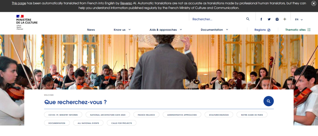 French ministry website announcing use of machine translation